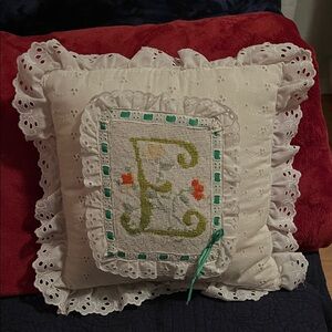 VINTAGE Embroidered Pillow with Ruffled Edges, letter “E”